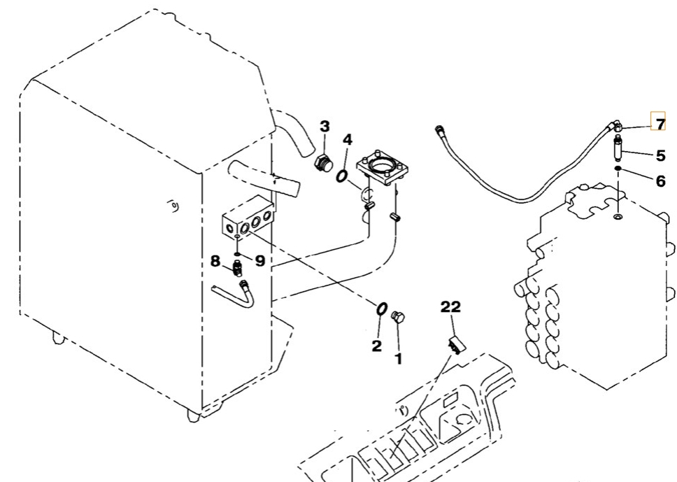 Case CX350B installation diagram showing hydraulic hose KHJ2249 at Pipe No. 7