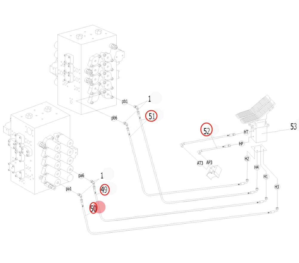 Sunward SWE470E-3 installation diagram showing hydraulic hose 730502003011 at Pipe No. 49