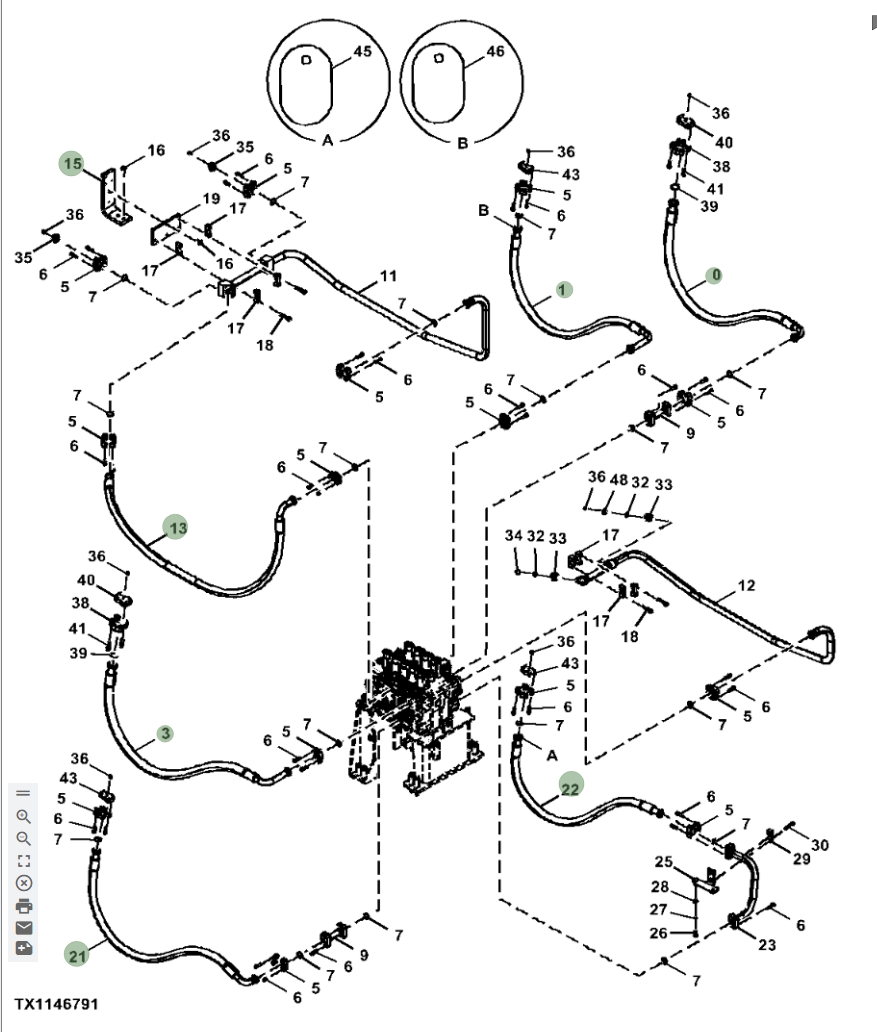 Hitachi ZX870LC-6 installation diagram showing hydraulic hose 4703562 at Pipe No. 22