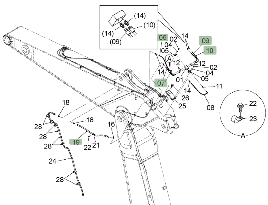 Hitachi ZX450LC-3 installation diagram showing hydraulic hose 4646142 at Pipe No. 9