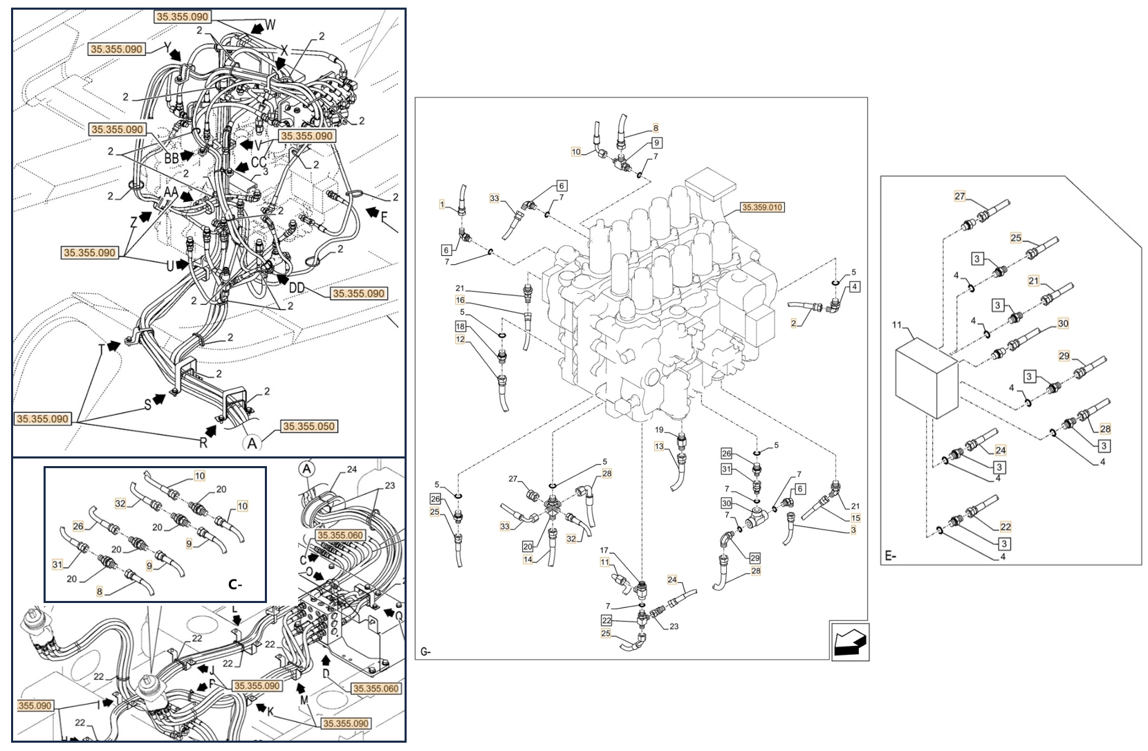 Case CX750D RTC ME installation diagram showing hydraulic hose KHJ2369 at Pipe No. E27-G11