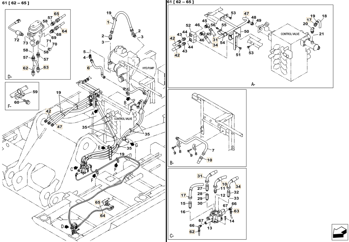 Case CX500C installation diagram showing hydraulic hose KHJ2089 at Pipe No. 64
