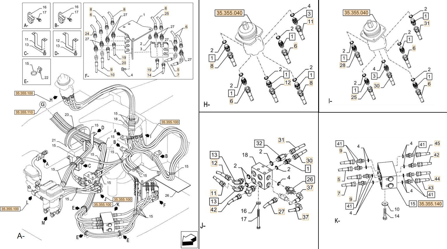 Case CX90D installation diagram showing hydraulic hose KHJ2342 at Pipe No. A7-K44