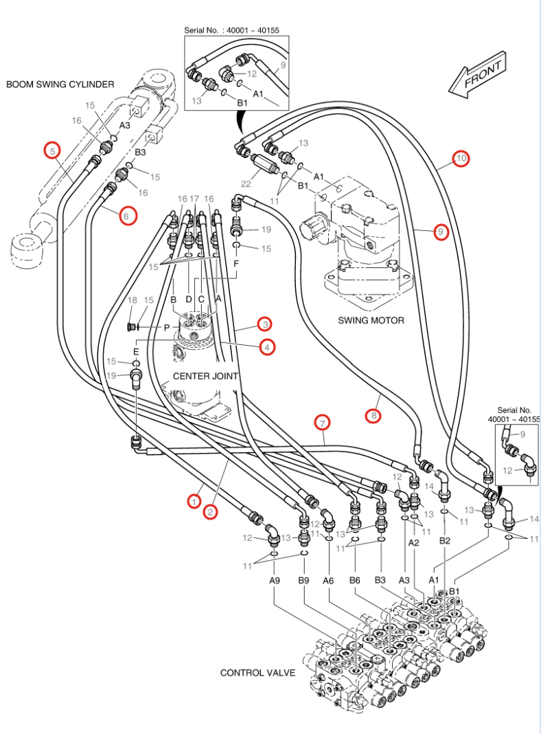 Doosan DX18 installation diagram showing hydraulic hose 2184-1036D365 at Pipe No. 7