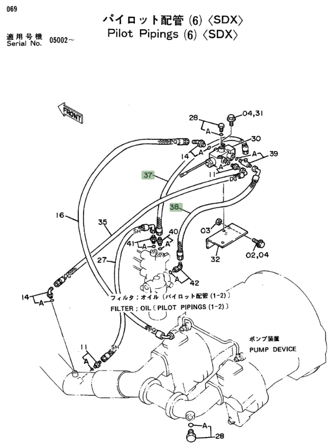 Hitachi EX270LC installation diagram showing hydraulic hose 4218085 at Pipe No. 37