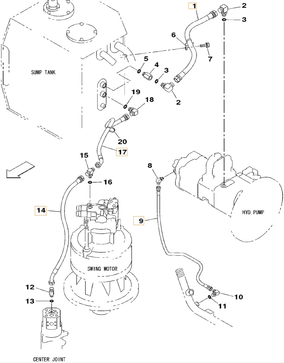 Case CX350B installation diagram showing hydraulic hose KSJ12940 at Pipe No. 1
