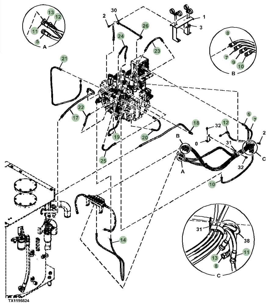 Hitachi ZX870LC-5A installation diagram showing hydraulic hose 4634381 at Pipe No. 7