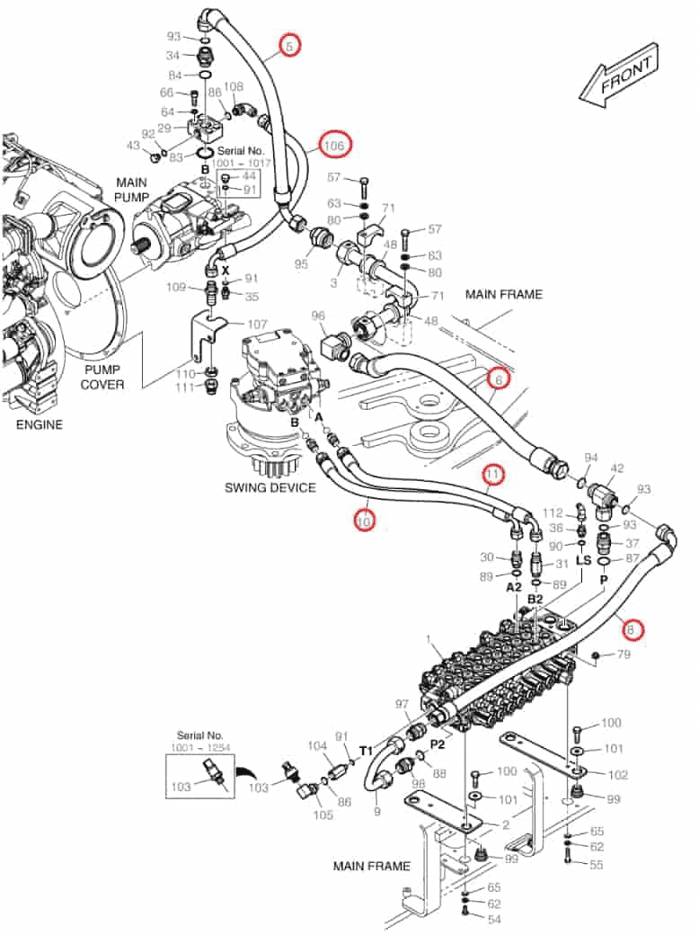 Doosan DX62R-3 installation diagram showing hydraulic hose DS20121201 at Pipe No. 6
