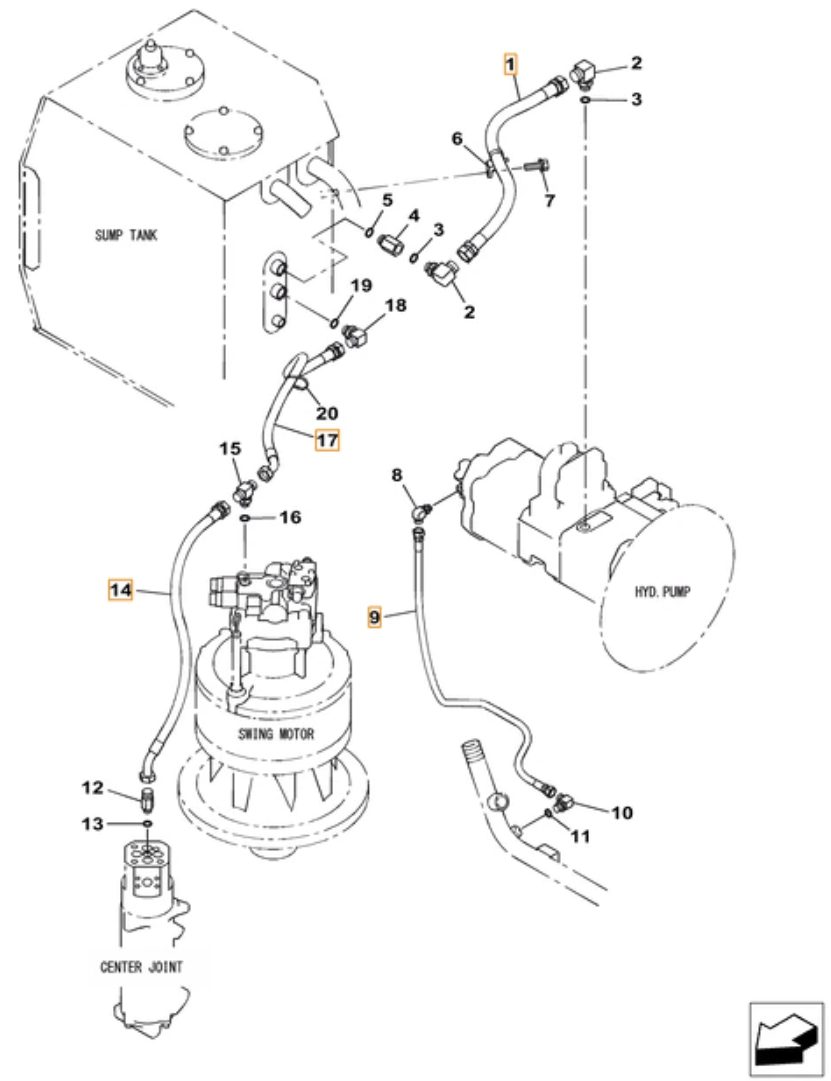 Case CX380C-8 LC installation diagram showing hydraulic hose KSJ2790 at Pipe No. 14