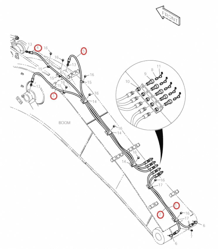 Doosan DX160LC installation diagram showing hydraulic hose 2184-1045D103 at Pipe No. 3