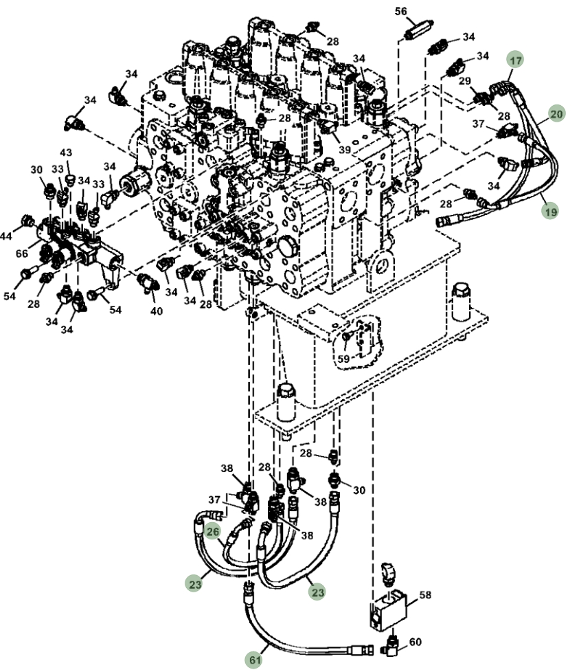 Hitachi ZX470LC-5G installation diagram showing hydraulic hose 4713487 at Pipe No. 20