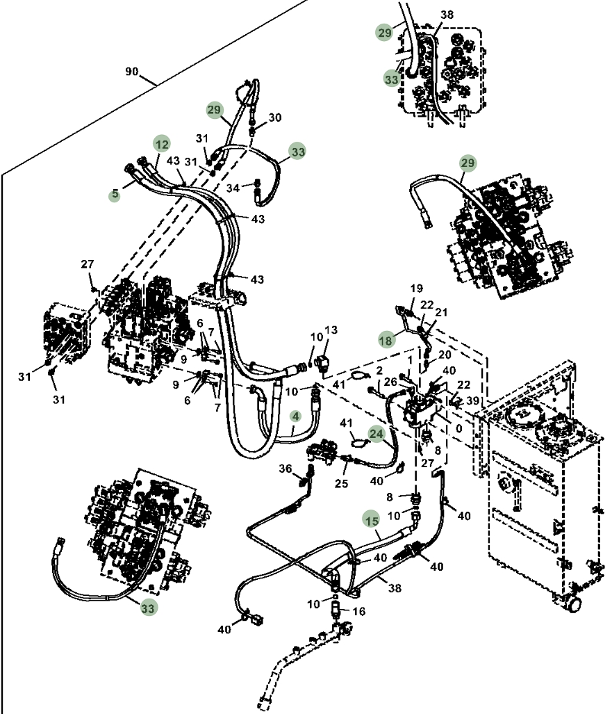 Hitachi ZX135US-5N installation diagram showing hydraulic hose 4659385 at Pipe No. 29