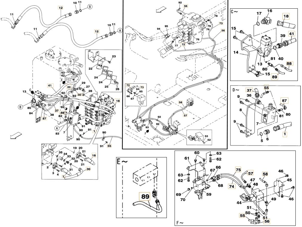 Case CX160B installation diagram showing hydraulic hose KHJ11500 at Pipe No. 55