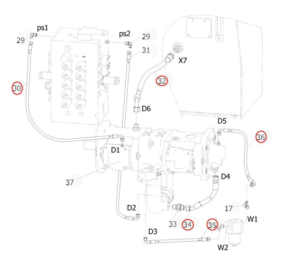 Sunward SWE215F-5 installation diagram showing hydraulic hose 730502002465 at Pipe No. 30