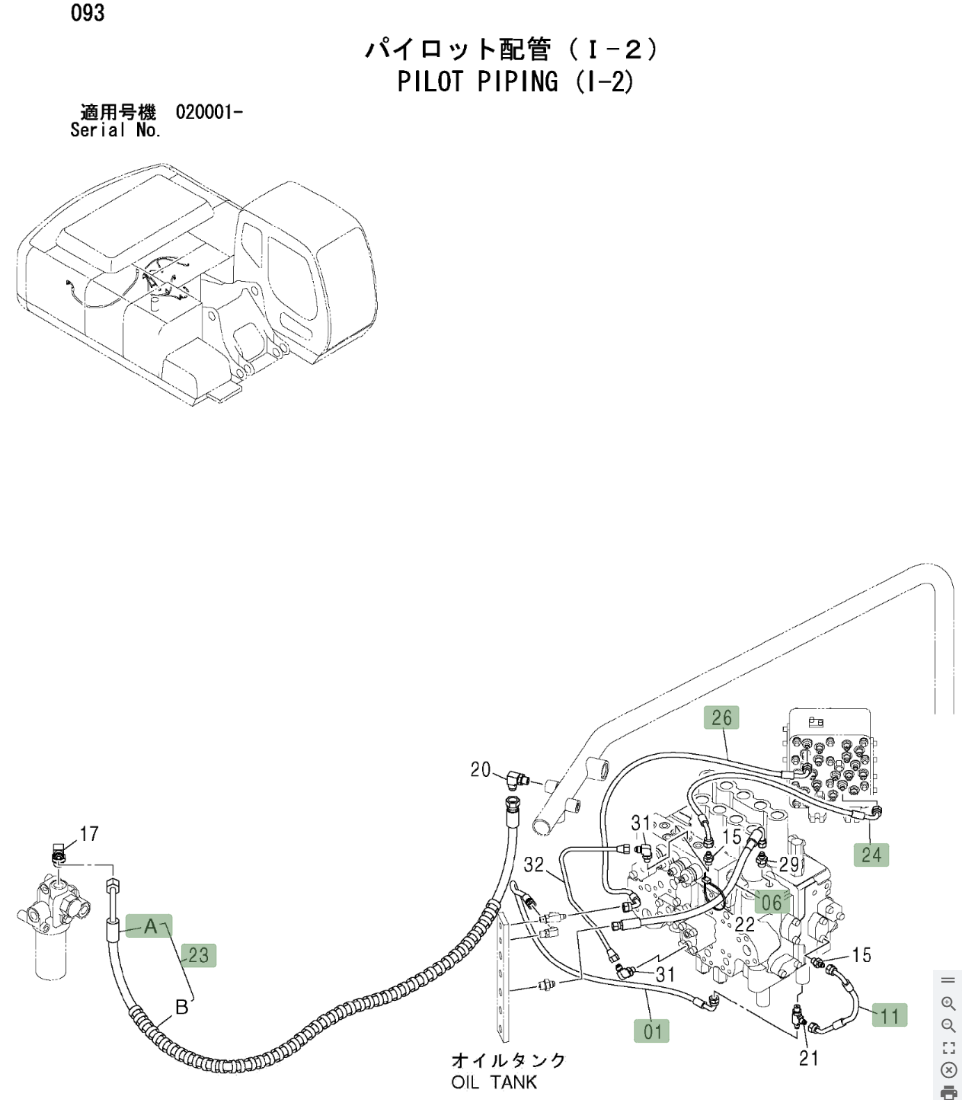 Hitachi ZX270LC installation diagram showing hydraulic hose 9191786 at Pipe No. 23