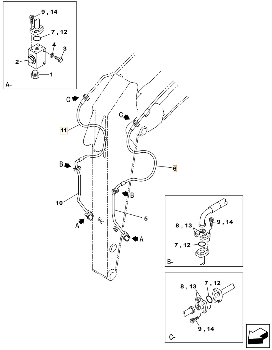 Case CX500C installation diagram showing hydraulic hose KBV15980 at Pipe No. 11