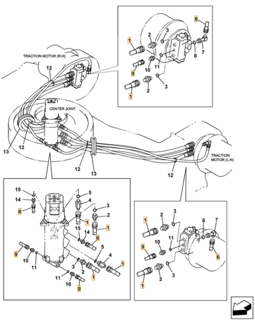 Case CX380C LC installation diagram showing hydraulic hose KRJ6044 at Pipe No. 9