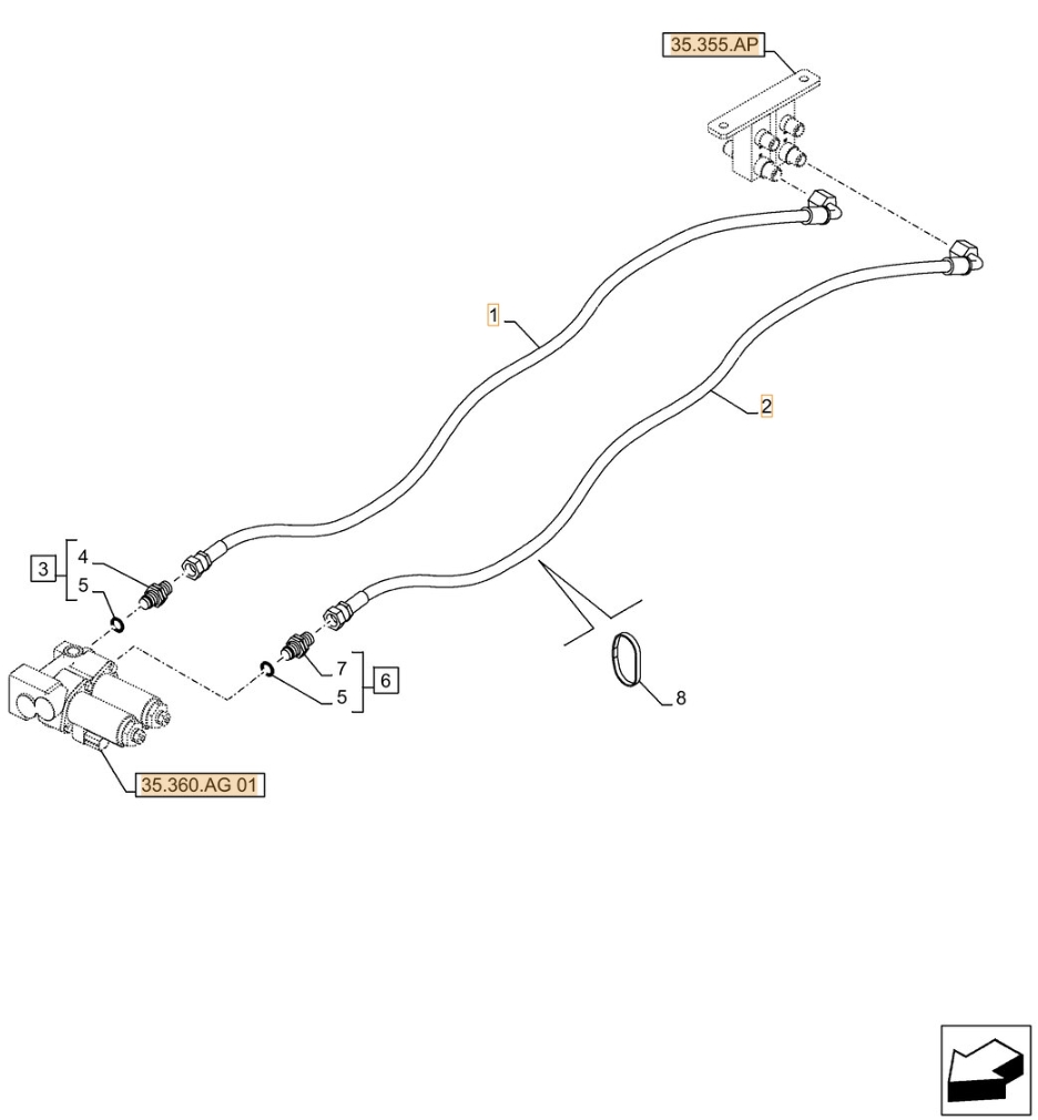 Case CX500D LC installation diagram showing hydraulic hose KHJ2088 at Pipe No. 2