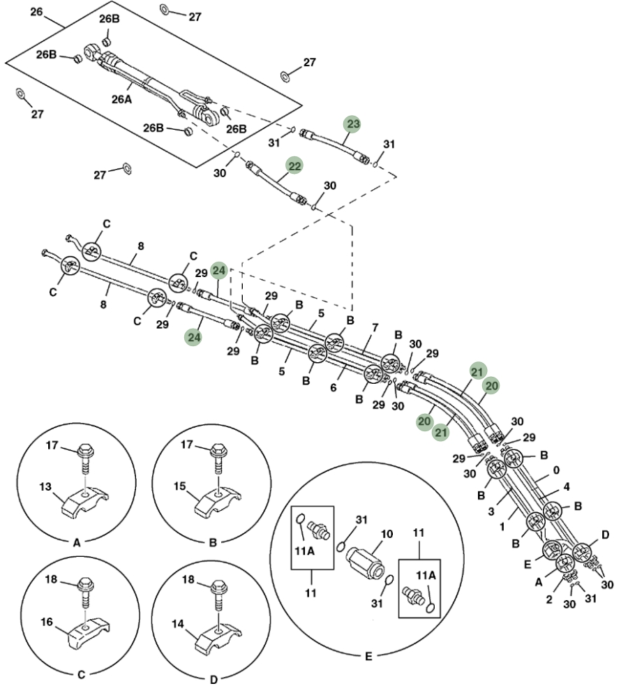 Hitachi ZX350LC-5N installation diagram showing hydraulic hose 4250888 at Pipe No. 22