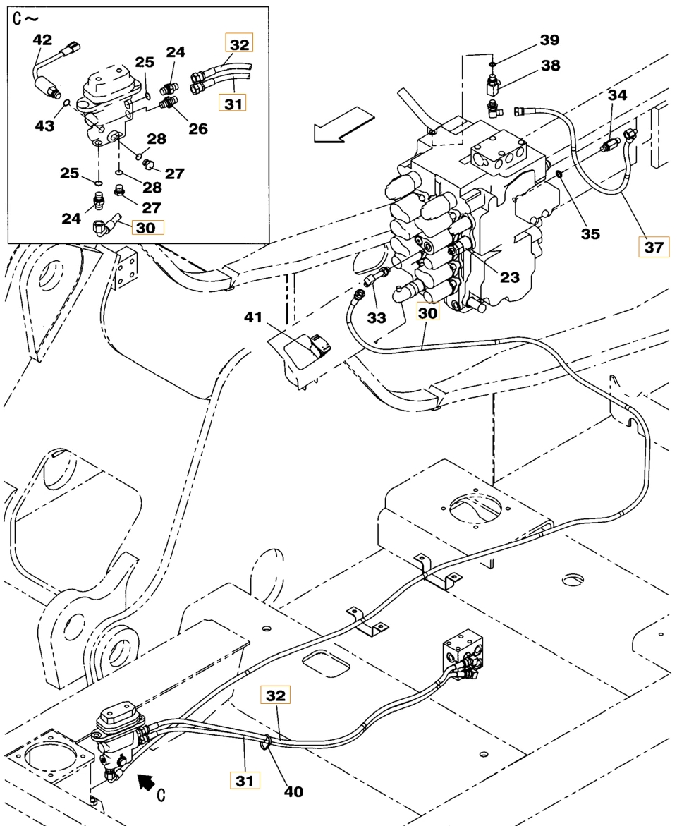 Case CX160B installation diagram showing hydraulic hose KHJ2198 at Pipe No. 30