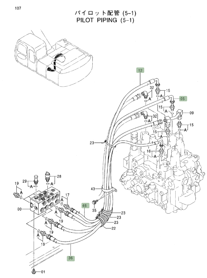 Hitachi EX270LC-5 installation diagram showing hydraulic hose 4351165 at Pipe No. 36