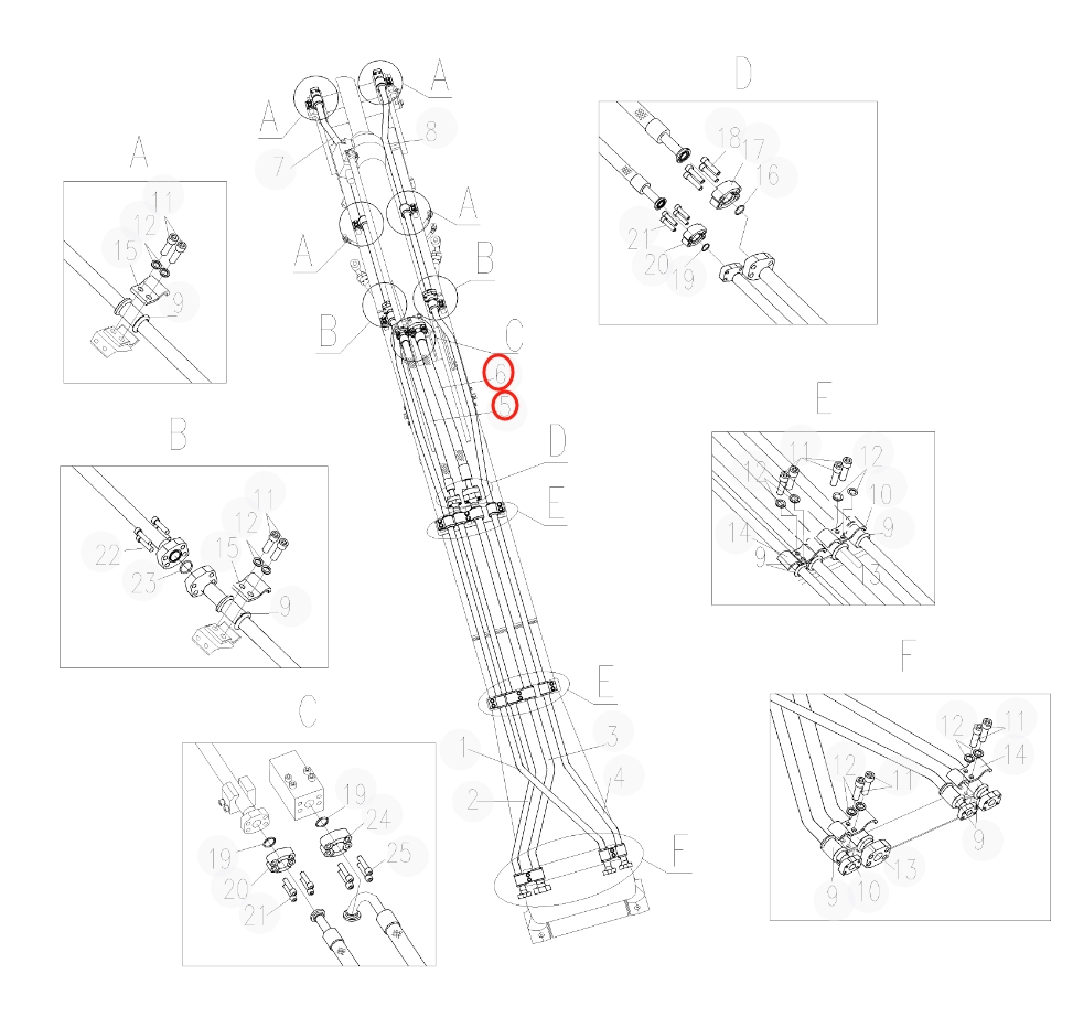 Sunward SWE235E-3 installation diagram showing hydraulic hose 730501002121 at Pipe No. 5