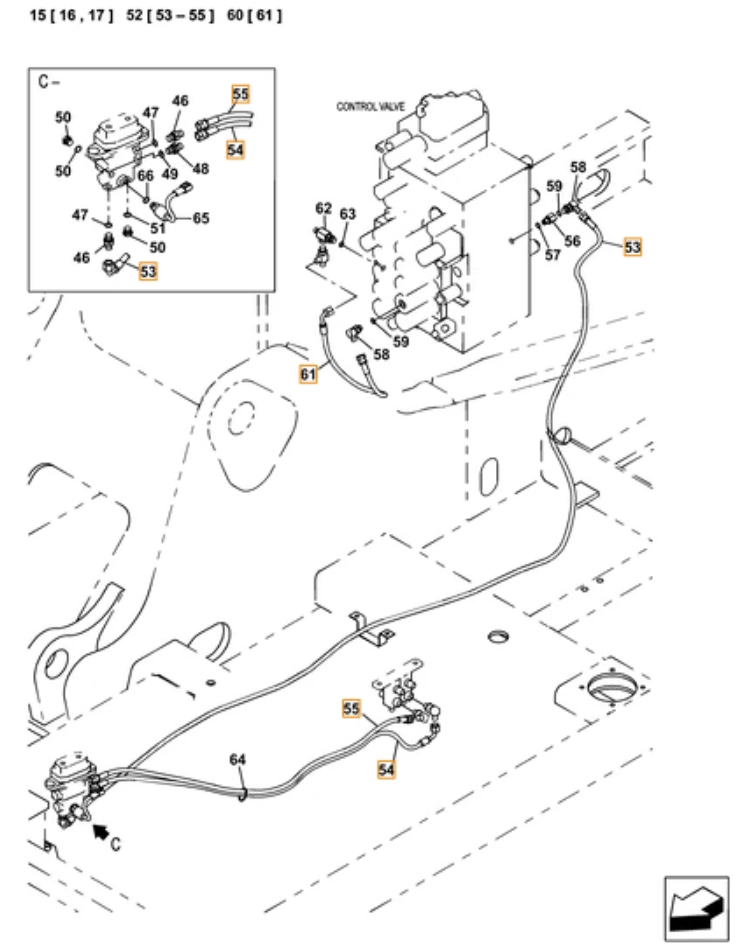 Case CX380C LC installation diagram showing hydraulic hose KHJ12230 at Pipe No. 53
