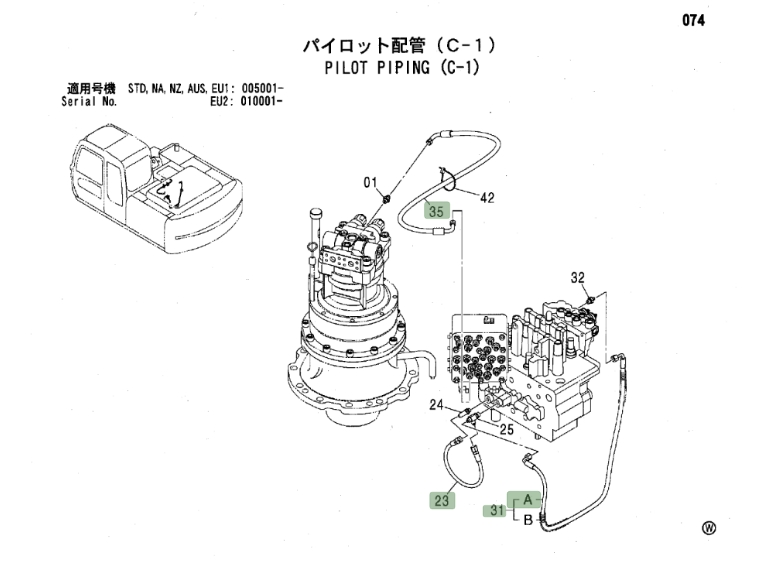 Hitachi ZX160LC installation diagram showing hydraulic hose 4442331 at Pipe No. 23