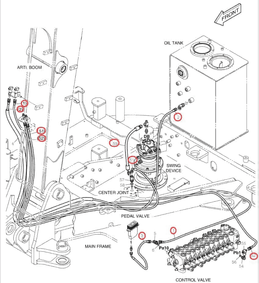 Doosan DX85R-3 installation diagram showing hydraulic hose DS2094354 at Pipe No. 2