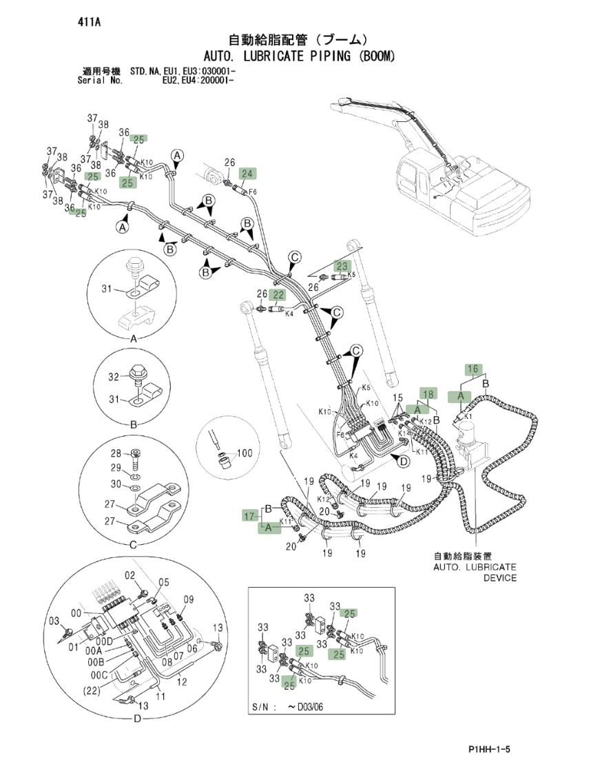 Hitachi ZX330LC installation diagram showing hydraulic hose 4407364 at Pipe No. 23