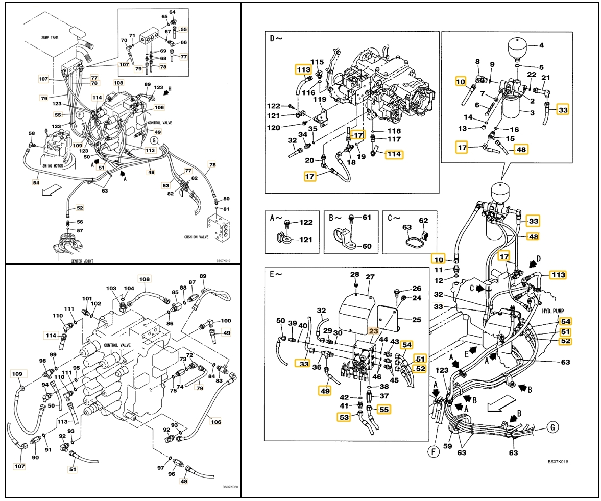 Case CX130B installation diagram showing hydraulic hose KHJ2310 at Pipe No. 79