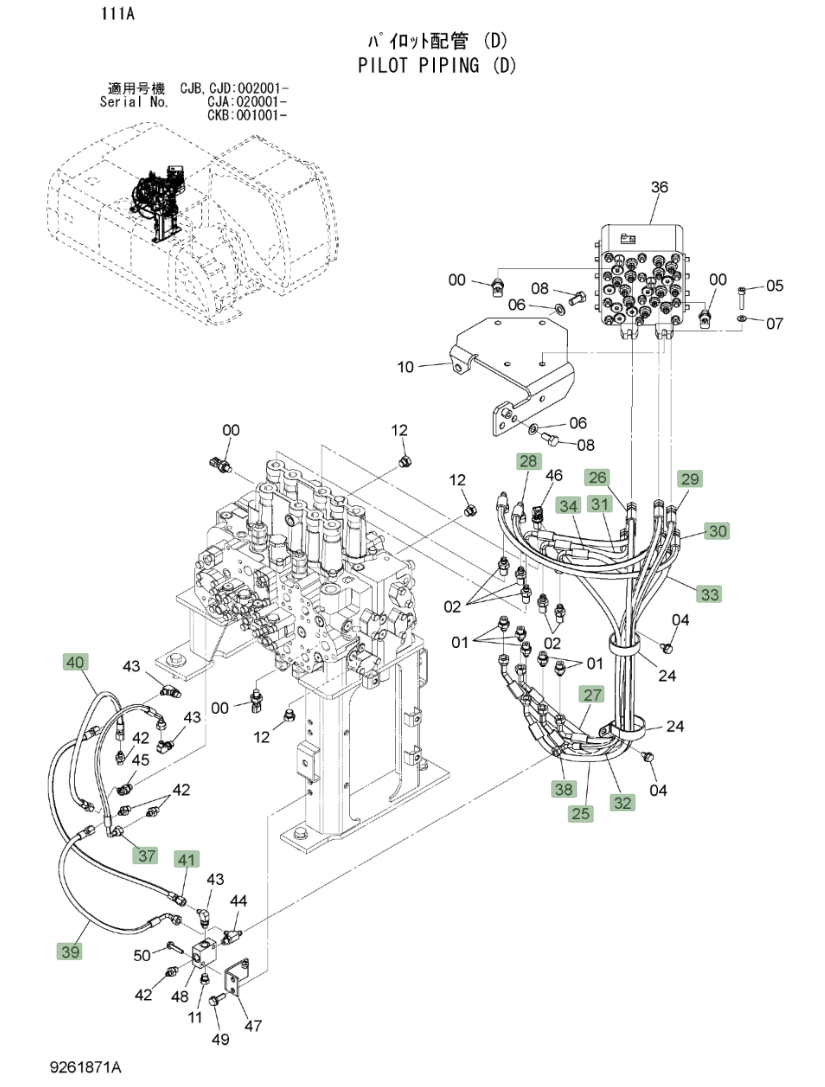 Hitachi ZX220W-3 installation diagram showing hydraulic hose 4630938 at Pipe No. 26