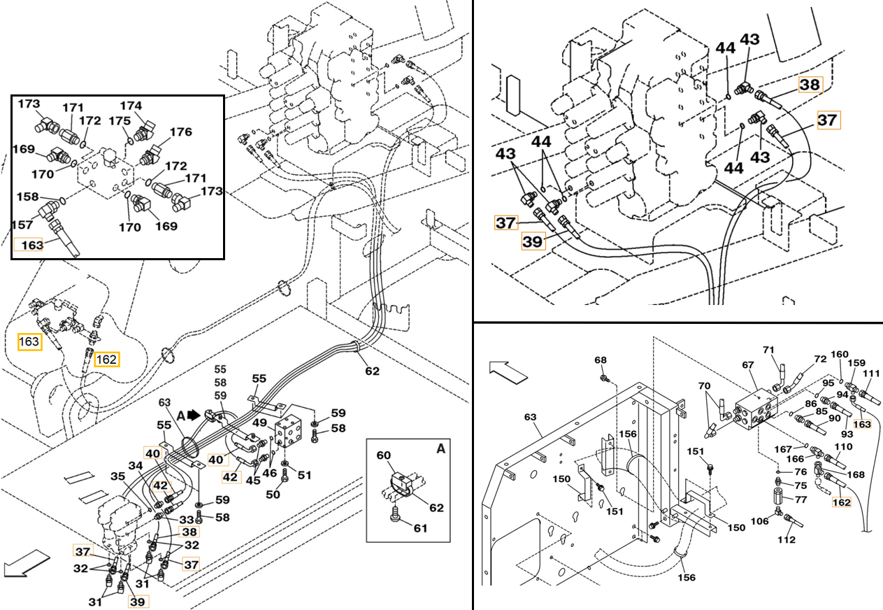 Case CX290 installation diagram showing hydraulic hose 159019A1 at Pipe No. 40