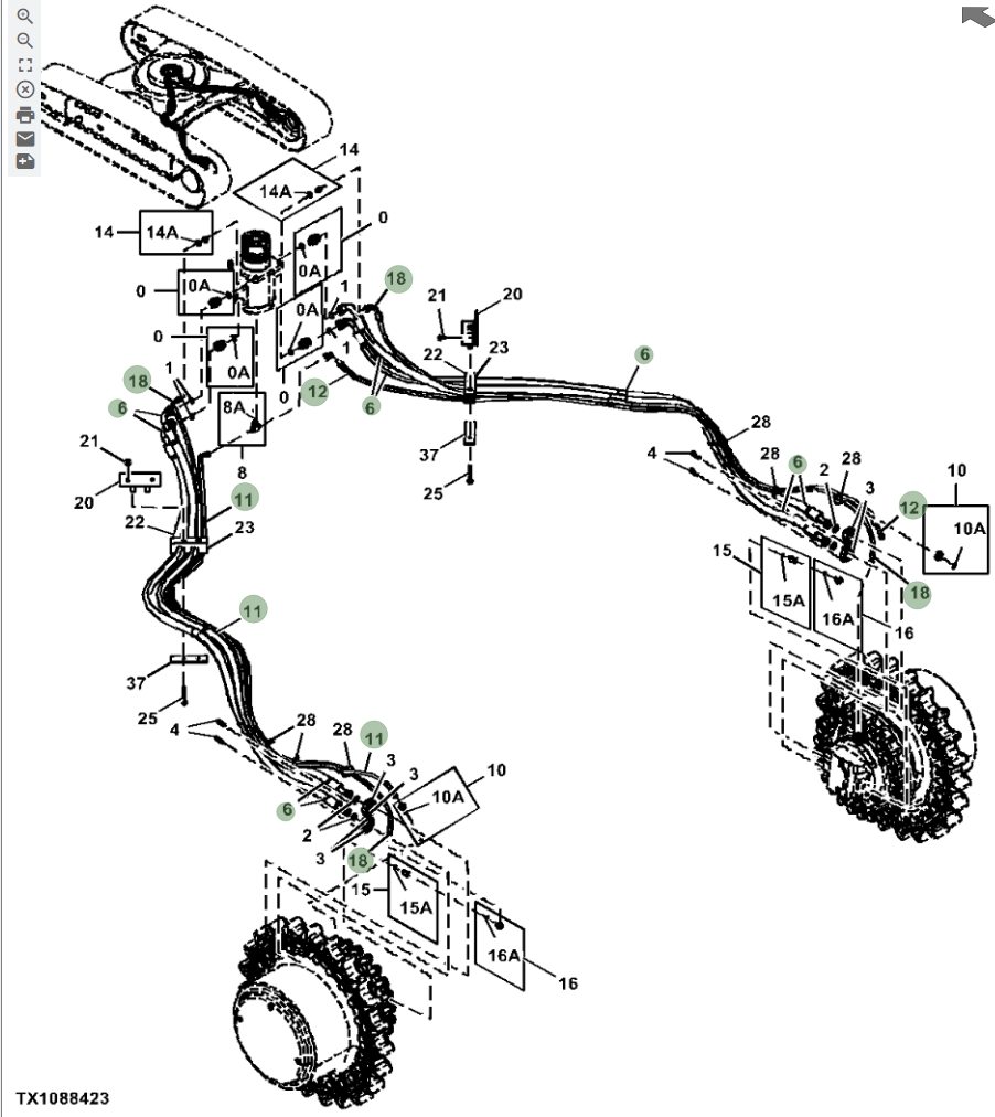 Hitachi ZX670LC-5B installation diagram showing hydraulic hose 4644543 at Pipe No. 18