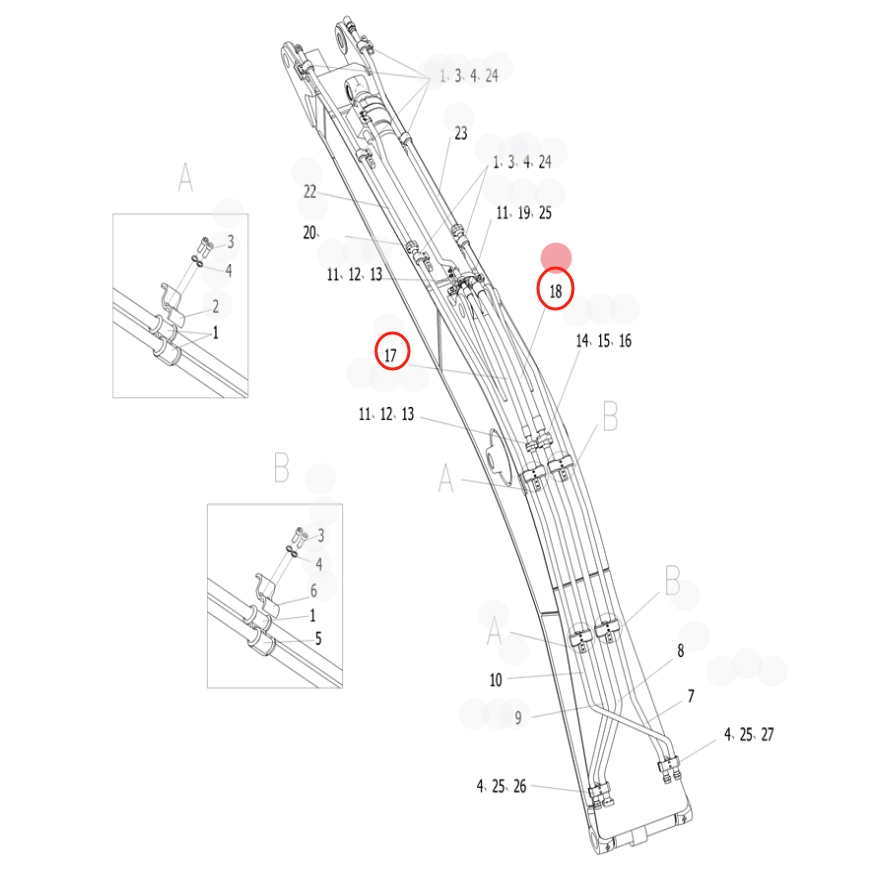 Sunward SWE215E-3H installation diagram showing hydraulic hose 730501002121 at Pipe No. 17