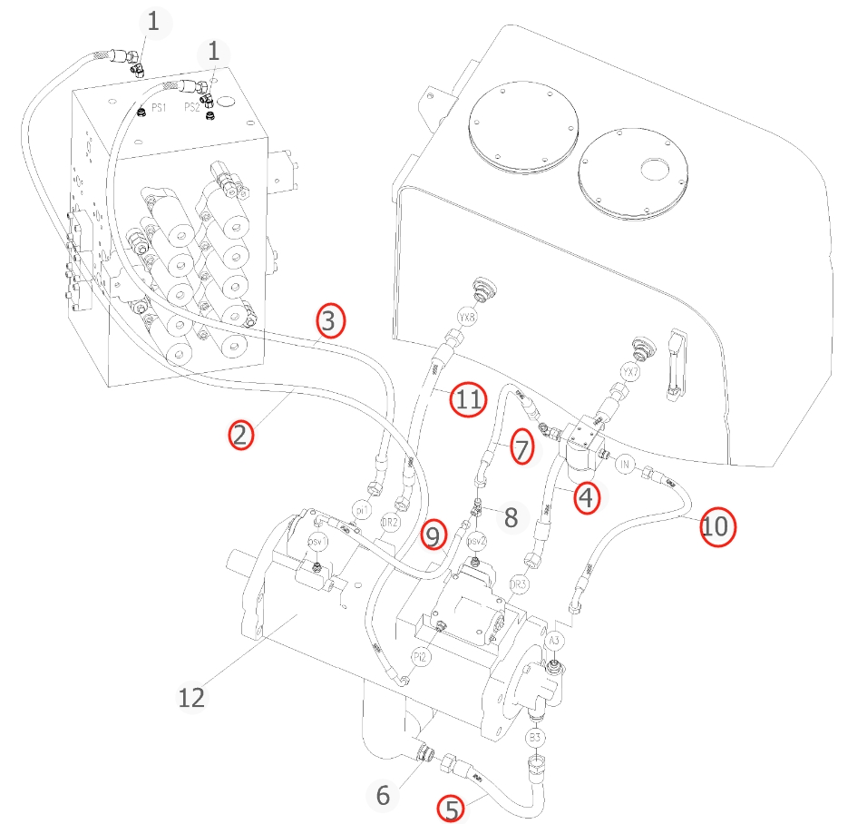 Sunward SWE500E-3 installation diagram showing hydraulic hose 730502003209 at Pipe No. 10