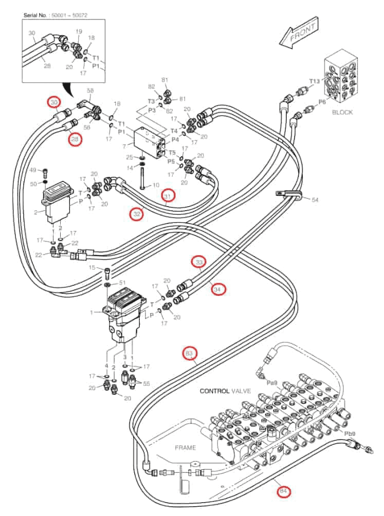 Doosan DX60R installation diagram showing hydraulic hose DS2093130 at Pipe No. 32