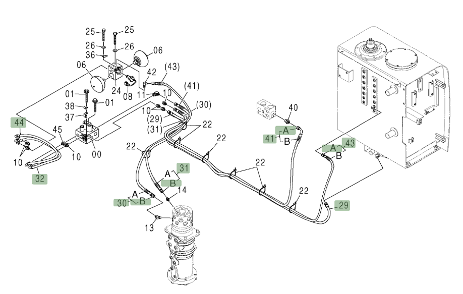 Hitachi ZX210W installation diagram showing hydraulic hose 9212063 at Pipe No. 30