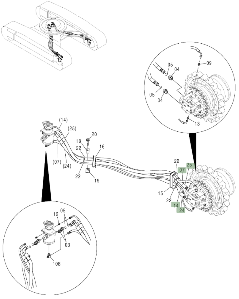 Hitachi ZX370 installation diagram showing hydraulic hose 4294424 at Pipe No. 25