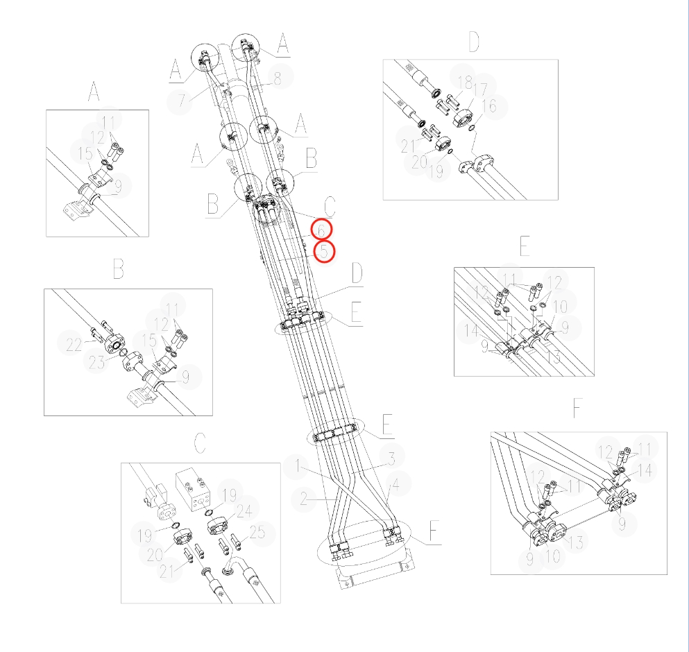 Sunward SWE235E-3H installation diagram showing hydraulic hose 730501003078 at Pipe No. 6