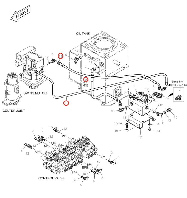 Doosan DX15 installation diagram showing hydraulic hose DS2093180 at Pipe No. 18