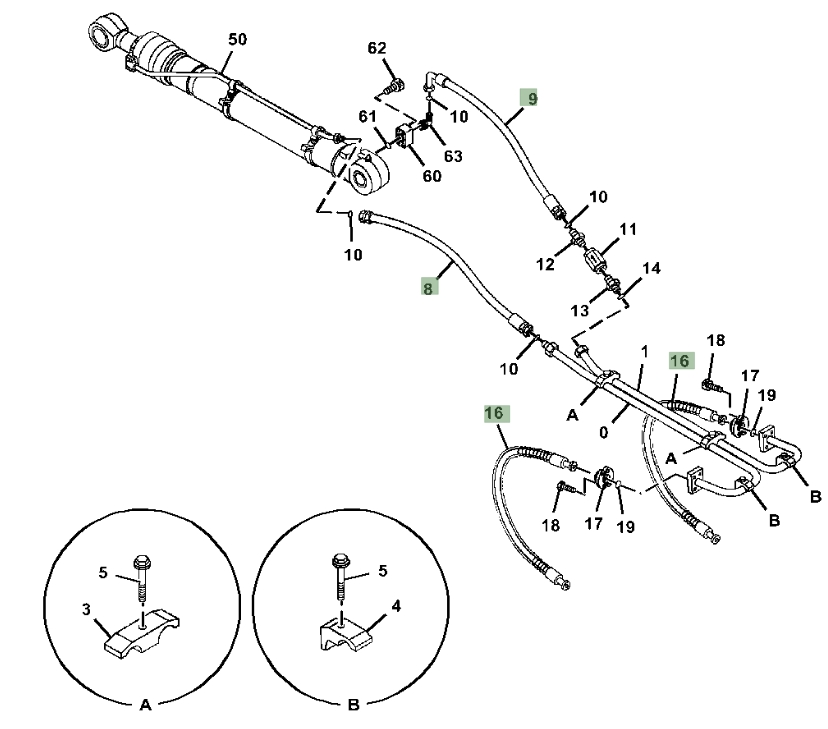 Hitachi ZX470LC-5G installation diagram showing hydraulic hose 4308148 at Pipe No. 9