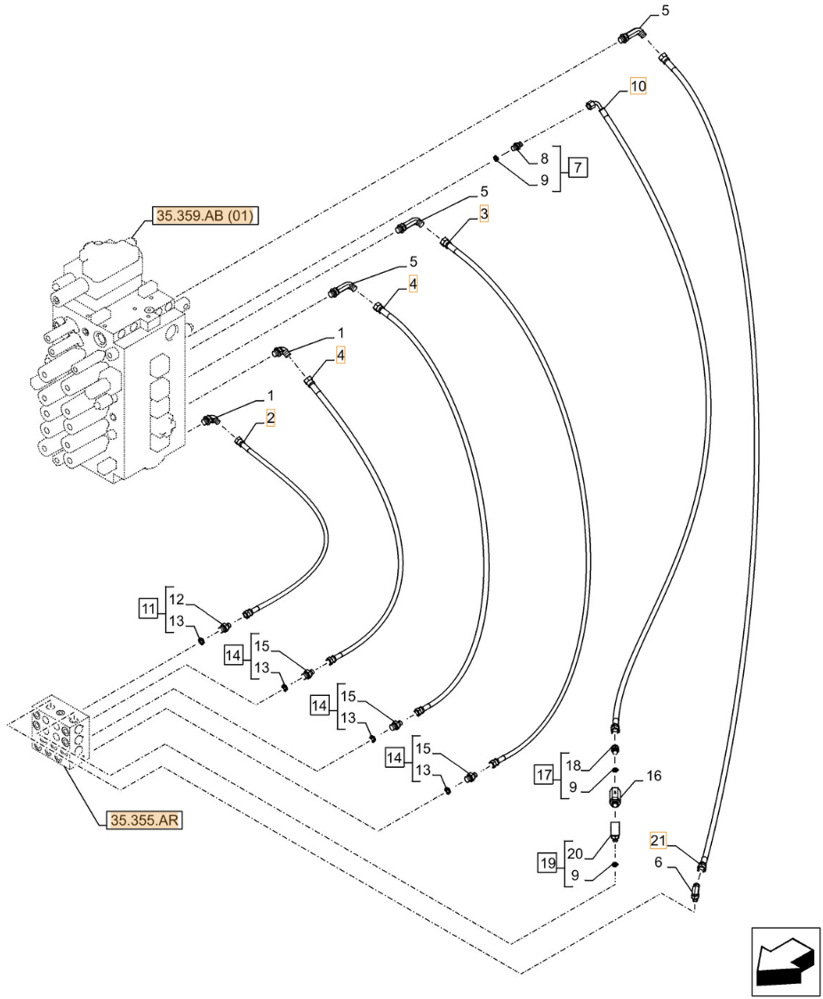 Case CX250D LC installation diagram showing hydraulic hose KHJ2318 at Pipe No. 4