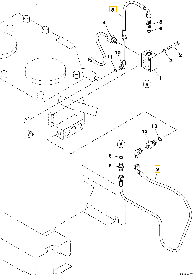 Case CX290B installation diagram showing hydraulic hose KHJ15120 at Pipe No. 9