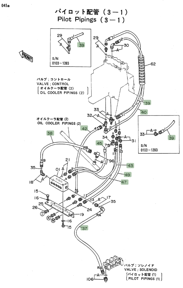 Hitachi EX100WD installation diagram showing hydraulic hose 4208418 at Pipe No. 47