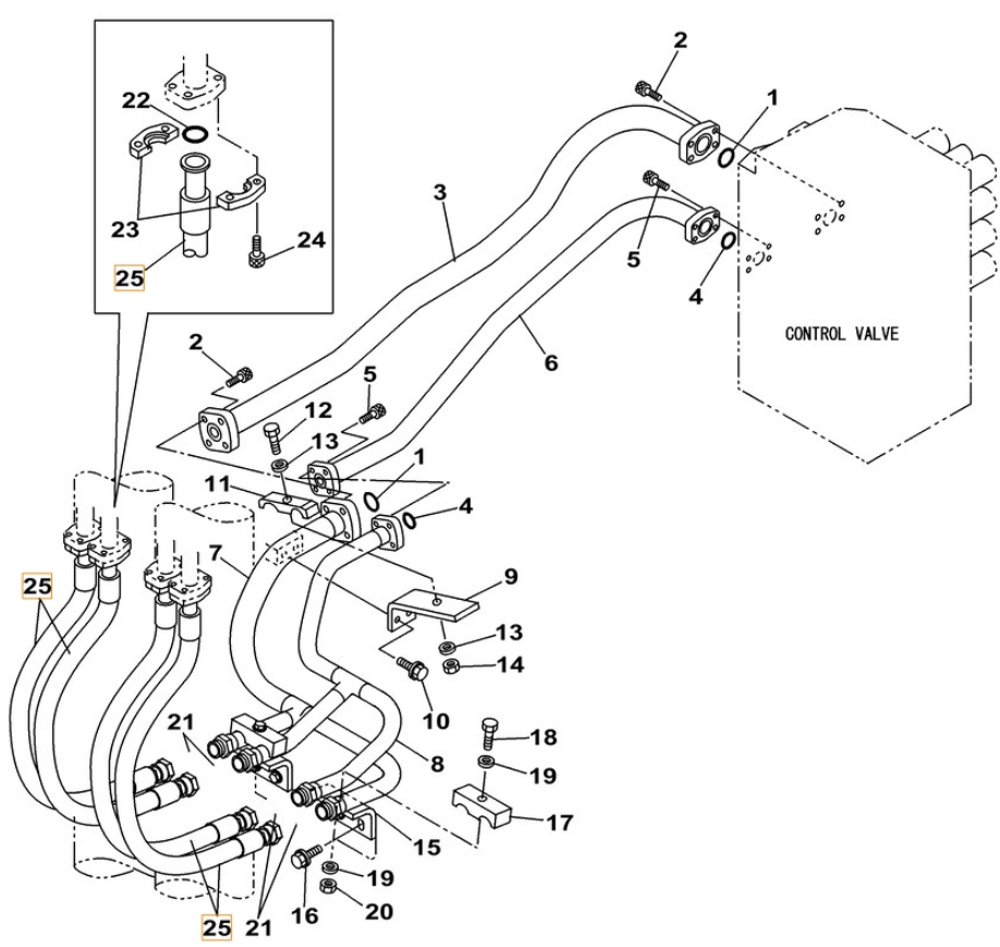 Case CX490C installation diagram showing hydraulic hose KTJ13470 at Pipe No. 25