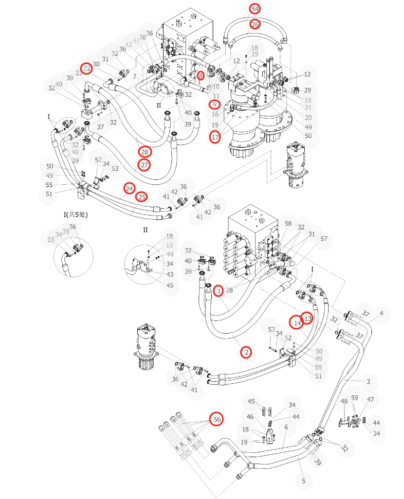 Sunward SWE500E-3 installation diagram showing hydraulic hose 730503001142 at Pipe No. 13