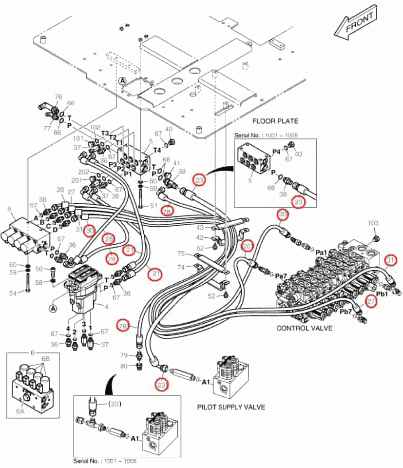 Doosan DX63-3 installation diagram showing hydraulic hose DS2093029 at Pipe No. 23