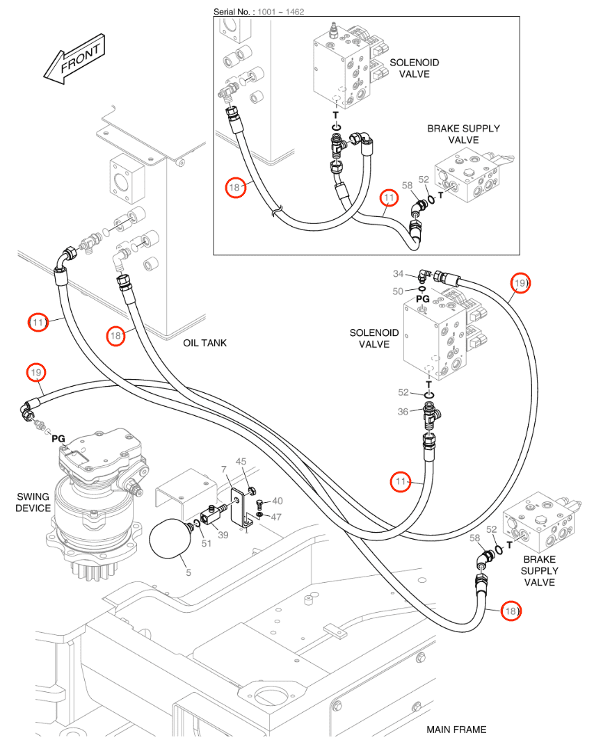 Doosan DX57W-5 installation diagram showing hydraulic hose DS2053827 at Pipe No. 11
