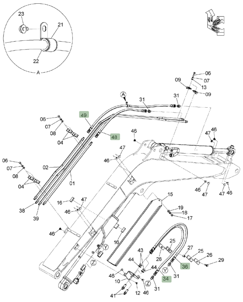 Hitachi ZX50U-3 installation diagram showing hydraulic hose 4658088 at Pipe No. 34
